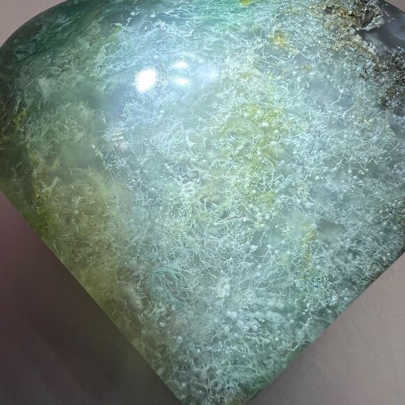 Moss Agate Crystal Heart (#9) - Picture 4 of 10